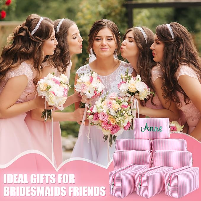 Giesiery 8 Pcs Seersucker Makeup Bags Striped Cosmetic Bags Bulk Organizer for Women Preppy Travel Toiletry Pouch for Wedding Bridesmaid Bride Favor Mom Gift (pink, Medium) - Image 6