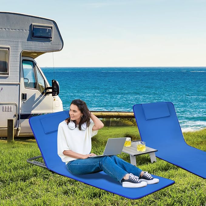 GYMAX Beach Chairs, Folding Tanning Lounge Chairs with Table Set, Adjustable Patio Floor Chair, Outdoor Sunbath Chair with Desk, Pillow & Storage Bag for Outside, Patio, Poolside (Blue) - Image 9