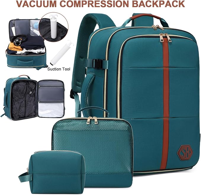 40L Travel Laptop Backpack for Women & Men, Airline Approved Carry On Luggage Overnight Bags, Waterproof Personal Item Bag, Weekender Essentials Backpacks Vacuum Backpack Dark Green - Image 3