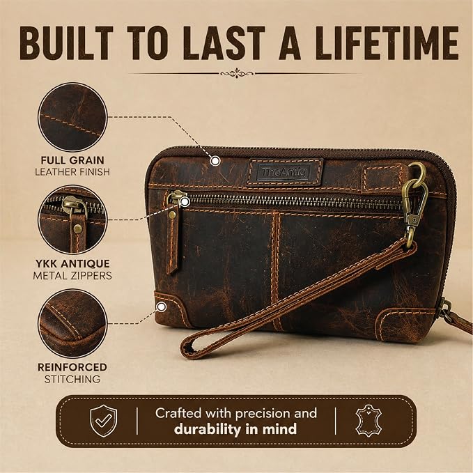 Genuine Leather Makeup Bag Travel Organizer, Premium Handcrafted Cosmetic Pouch with Zipper & Wrist Strap, Durable Toiletry Storage for Women & Men, 5 x 9- Brown - Image 7