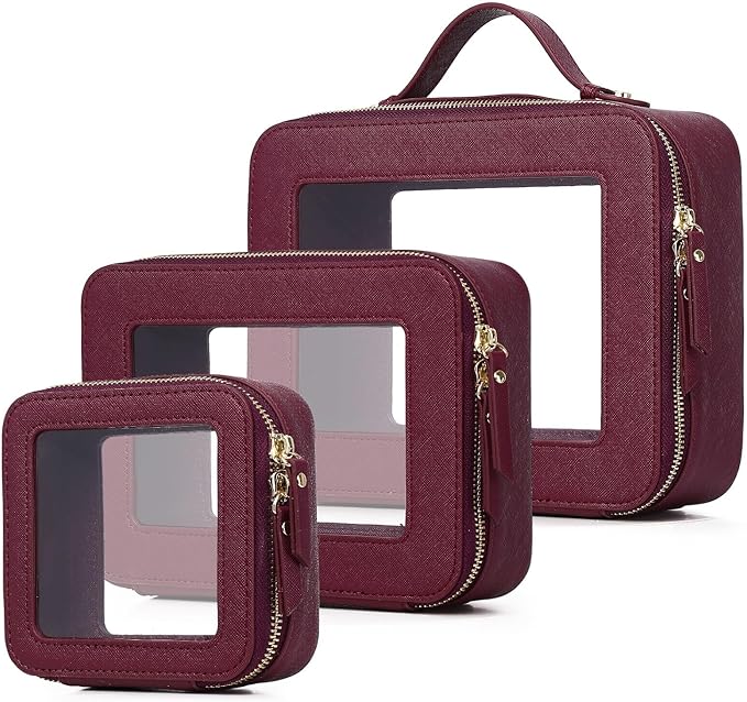 Pinkmik Clear Makeup Bag Waterproof Travel Case for Cosmetics and Toiletries Women's Purse Organizer and Clear Car Bag with Zipper (X/Burgundy, L+M+MINI) by Pinkmik