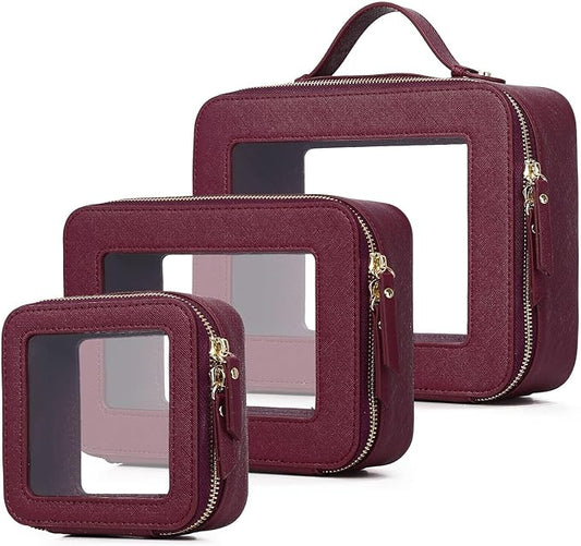 Pinkmik Clear Makeup Bag Waterproof Travel Case for Cosmetics and Toiletries Women's Purse Organizer and Clear Car Bag with Zipper (X/Burgundy, L+M+MINI) by Pinkmik