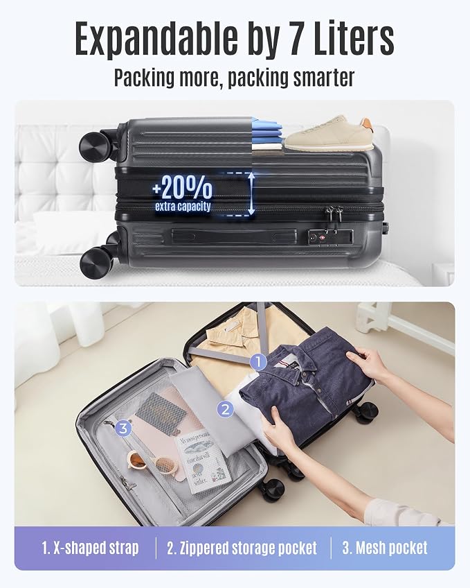 LIGHT FLIGHT Carry On Luggage 22x14x9 Airline Approved, Glacier Gray | 22x14x9 Airline Approved, Hard Shell with Wheels, Expandable Hardside, TSA Lock, Lightweight - Image 7