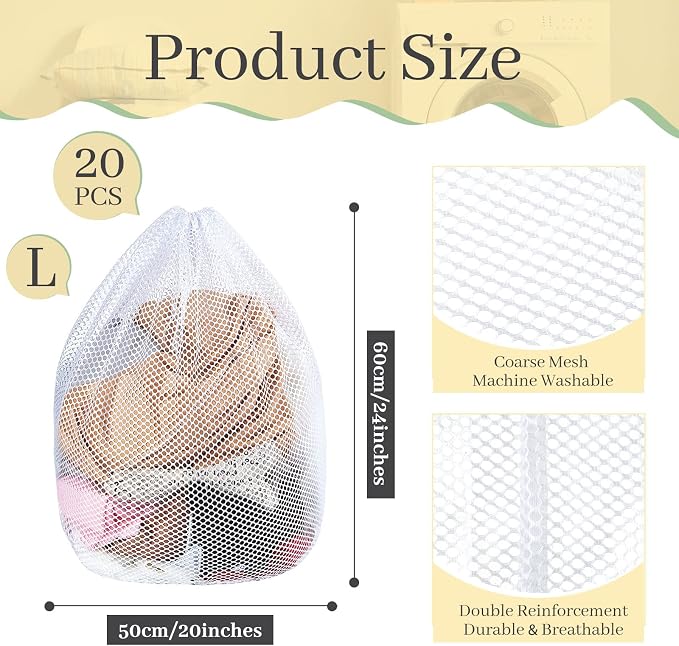 20 Pcs Mesh Laundry Bags Bulk with Drawstring 20 x 24'' White Heavy Duty Mesh Bag Machine Washable Sturdy Large Net Laundry Wash Bag for Dormitory College Apartment Travelling Camping - Image 2