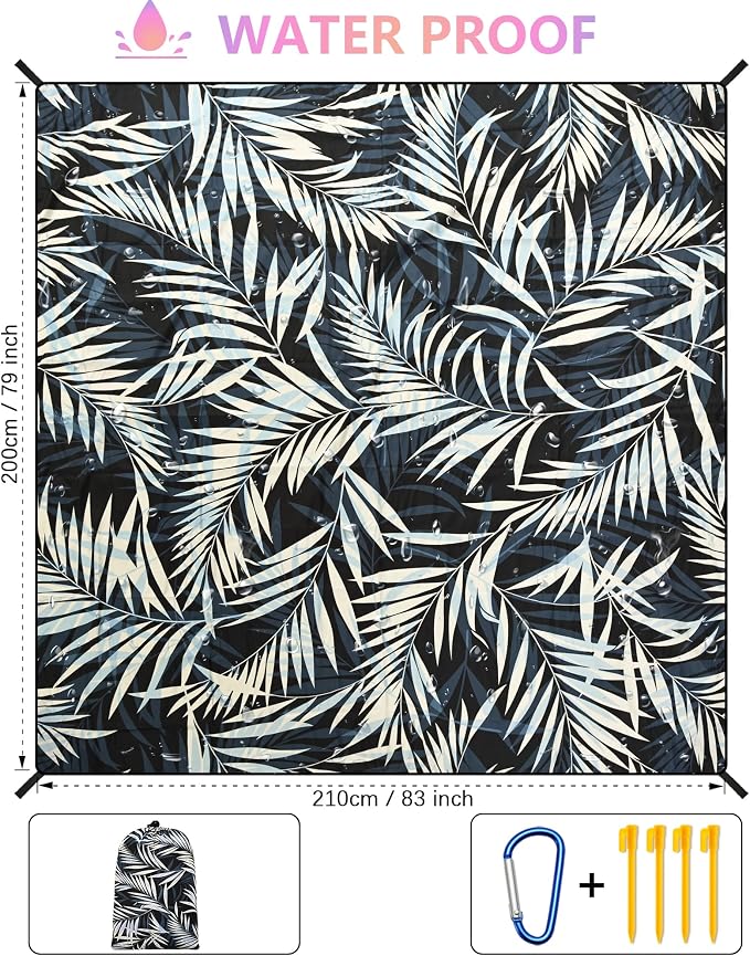 HIHOHO Beach Blanket Waterproof Sandproof Beach Mat 79”x 83” for 1-8 Adults Quick Drying Durable Outdoor Picnic Mat for Beach Festival Travel Camping Hiking (BK&W-Palm, 79"×83"(4 Person)) - Image 3