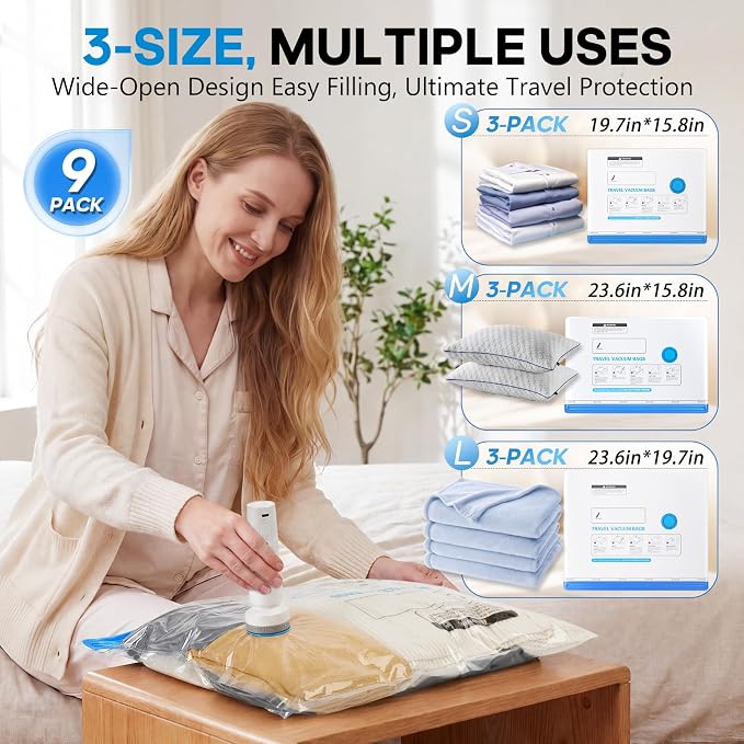 18 Pack Vacuum Storage Bags for Travel with Rechargeable Cordless Pump, Space Saver Bags for Clothes, Compression Packing Bags for Luggage and Suitcase, Blue - Image 2