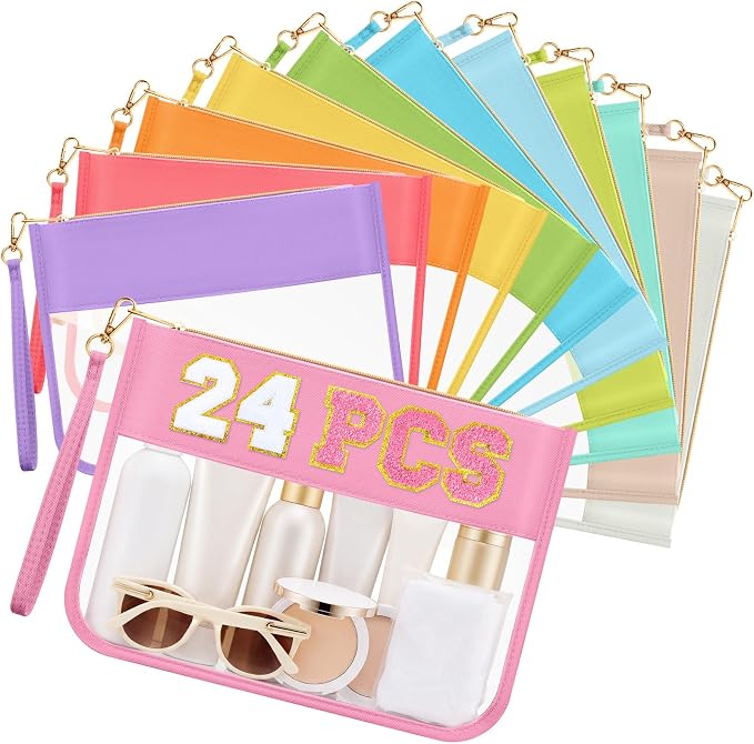 Sweetude 24 Pcs Clear Makeup Bags with Wristlet Bag DIY Chenille Letter Bag Bulk Waterproof Toiletry Bag Flat Preppy Nylon Clear Zipper Pouches Snack Organizer for Women by Sweetude