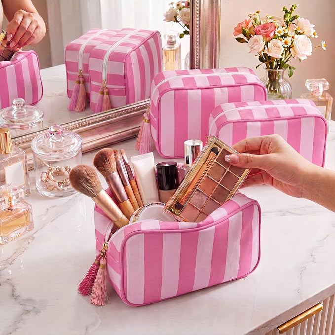 Kacctyen 6 Pack Bright Pink and Candy Pink Striped Makeup Bag bulk with Tassel Travel Cosmetic Pouch Organizer Large Zipper Toiletry Case for Women Aesthetic Storage Pouch Mahjong Tile Bag - Image 3