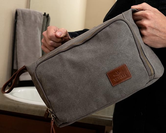 Vetelli Vintage Canvas Toiletry Bags, Travel In Style, Waterproof Canvas Dopp Kits, Durable (Messner) (Light Gray) - Image 3