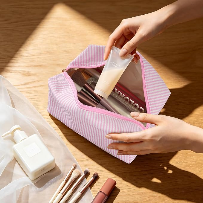 Makeup Bag Set for Women, 4PCS Travel Cosmetic Bags, Striped Seersucker Toiletry Organizer Pouches, Cute Makeup Pouch for Purse, Accessories and Gifts, Pink - Image 3