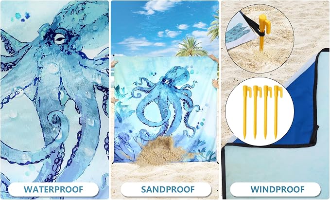 HIHOHO Beach Blanket Waterproof Sandproof Beach Mat for 1-8 Adults Quick Drying Durable Outdoor Picnic Mat for Beach Festival Travel Camping Hiking (BL-Octopus, 79"×83"(4 Person)) - Image 6