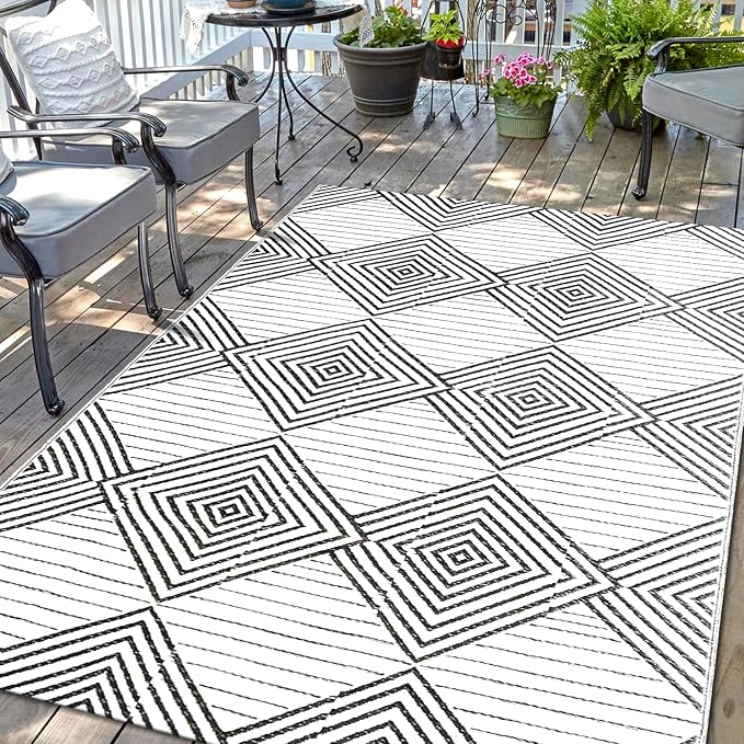 Waterproof Outdoor Rug 5x8ft, Foldable Reversible Plastic Straw Mat for Patio RV Deck Porch Backyard Balcony Camping Picnic Beach Indoor Outdoor Carpet, Black&White by DiiKoo