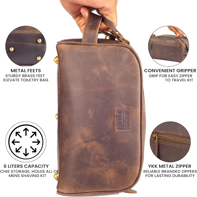 LEATHER VILLAGE Genuine Leather Toiletry Travel Bag With Waterproof Lining - Brown | King-Size Handcrafted Vintage Dopp Kit Bag, Shaving & Bathroom Organizer, Gift for Men & Women - Image 3