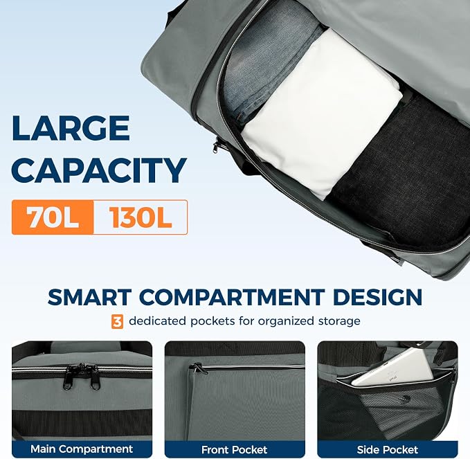 Uarition 70L Foldable Rolling Duffle Bag with Wheels, 28” Large Duffle Bag for Travel, Carry On Luggage Duffel Bag for Traveling/Camping/Moving, Water Resistant, Grey - Image 3