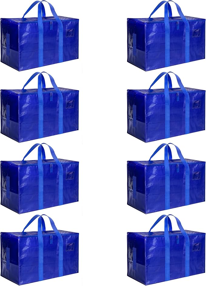 HealSmart 8 Pack Large Moving Bags with Zippers & Handles, Moving Supplies with lids, Heavy Duty Totes for Space Saving, Fold Flat, Moving and Storing, Blue by HealSmart