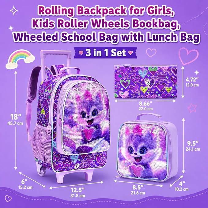 AGSDON 3PCS Rolling Backpack for Girls Boys, Kids Roller Wheels Bookbag, Wheeled School Bag with Lunch Bag - Image 5