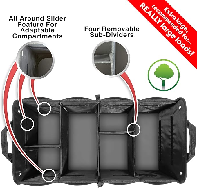 Car Trunk Organizer for SUV, Truck & Auto Cargo Storage, Black, XL | Fits Cars, SUVs & Trucks 6 Adjustable Compartments Non-Slip Base & Securing Straps Foldable 11 Pockets Car Accessories - Image 2