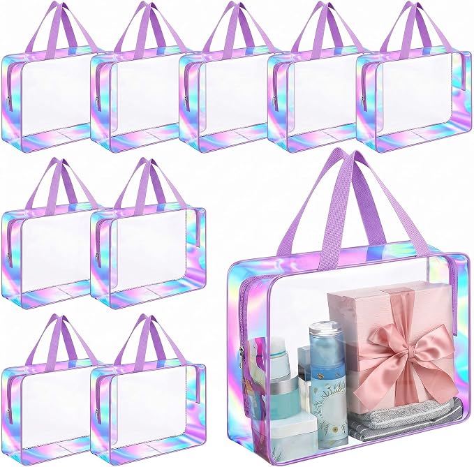 Sweetude 10 Pcs Large Clear Toiletry Bag with Handle Large Capacity Travel Iridescent Beach Makeup Bag PVC Clear Plastic Tote Punch Cosmetic Clothes Storage Organizer for Women Men (Purple) by Sweetude