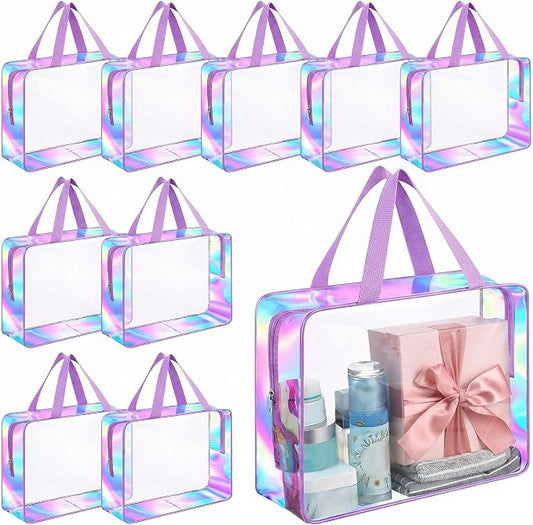Sweetude 10 Pcs Large Clear Toiletry Bag with Handle Large Capacity Travel Iridescent Beach Makeup Bag PVC Clear Plastic Tote Punch Cosmetic Clothes Storage Organizer for Women Men (Purple) by Sweetude