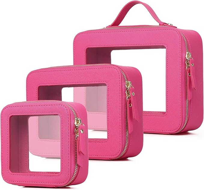 Pinkmik Clear Makeup Bag Waterproof Travel Case for Cosmetics and Toiletries Women's Purse Organizer and Clear Car Bag with Zipper (X/Fuxia, L+M+MINI) by Pinkmik