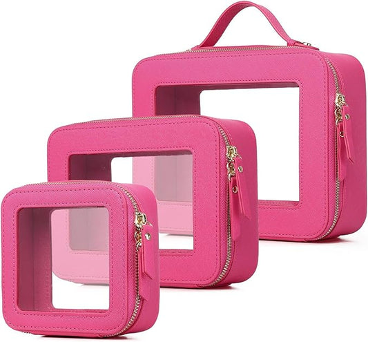 Pinkmik Clear Makeup Bag Waterproof Travel Case for Cosmetics and Toiletries Women's Purse Organizer and Clear Car Bag with Zipper (X/Fuxia, L+M+MINI) by Pinkmik