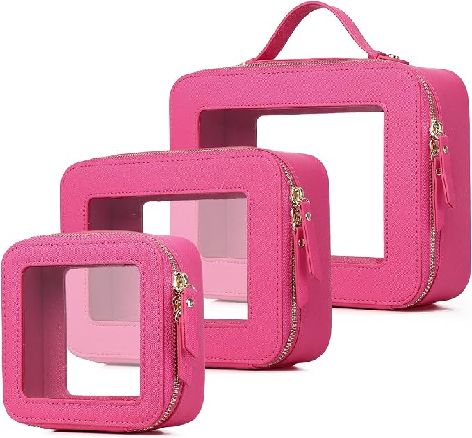 Clear Makeup Bag Set 3 Piece Travel Case for Cosmetics and Toiletries Women's Makeup Organizer and Car Essential with Zipper (Fuxia, L+M+MINI) by LOFOWN