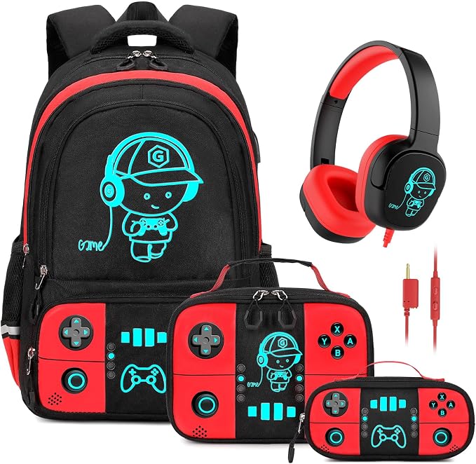 Bevalsa Backpack for School Boys,Cool Luminous Gamer Boys Backpacks with Wired Headphones Lunch Box Pencil Case,Kids Schoolbag for Teens Kindergarten Elementary School(Red Backpack with Headphones) by Bevalsa