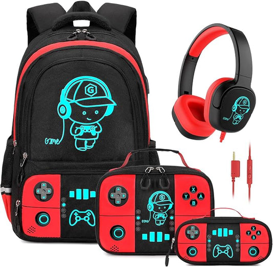 Bevalsa Backpack for School Boys,Cool Luminous Gamer Boys Backpacks with Wired Headphones Lunch Box Pencil Case,Kids Schoolbag for Teens Kindergarten Elementary School(Red Backpack with Headphones) by Bevalsa