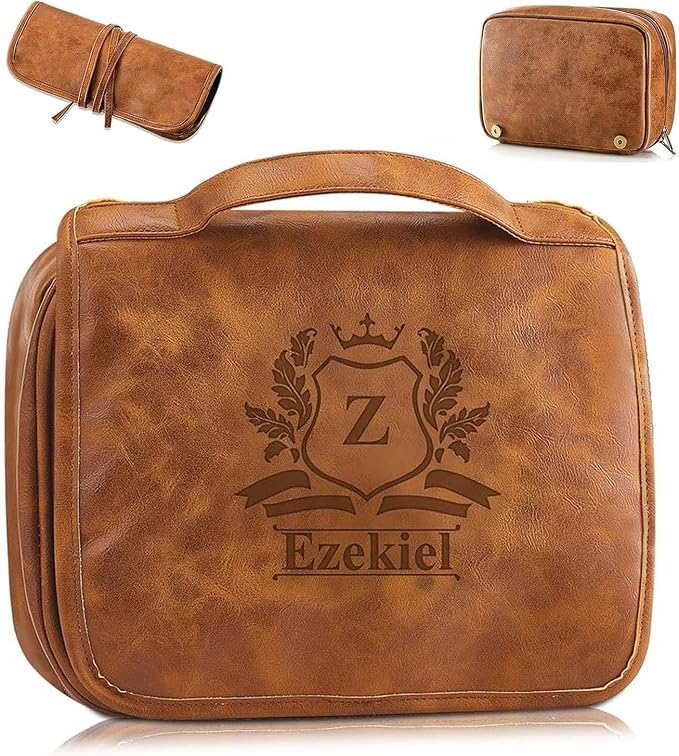3-in-1 Large Personalized PU Leather Toiletry Bag For Men, Custom Groomsmen Gifts Hanging Travel Organizer Bag, Laser Engraved Name Monogram Shaving Kit Gift For Him Husband Father Dad Dop by BLEGGEITProfessionalHandmadeStudio