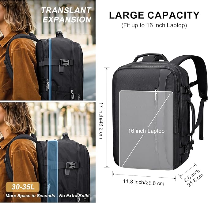 PIJUSHI Travel Backpack for Women, Fits 16" Laptop, Expandable 30L to 35L | Airline Approved Carry-on Luggage with Padded Laptop Compartment, USB Port, Wet Pocket, For Business, Commute - Image 3