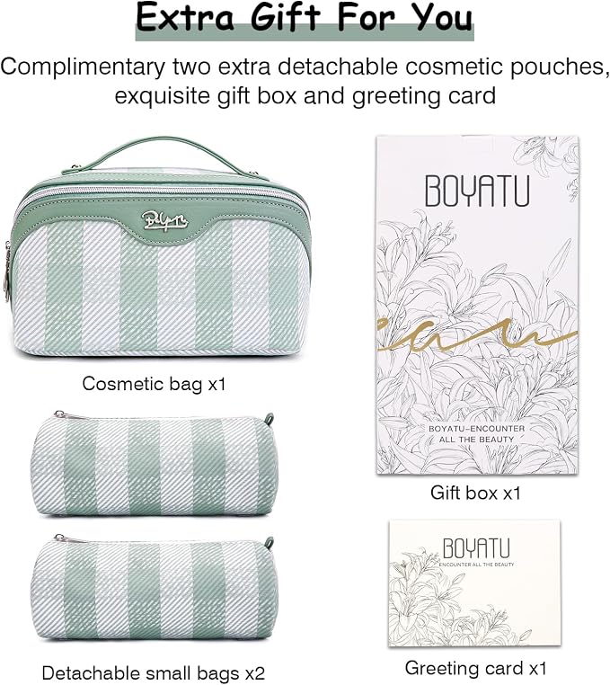 BOYATU Travel Makeup Bag Organizer Cosmetic Bag: 3 Pcs Set Make up Bags for Women with Handle - Waterproof Vegan Leather Toiletry Bags Travel Essentials Pouch with Compartments (F-02-Green) - Image 6