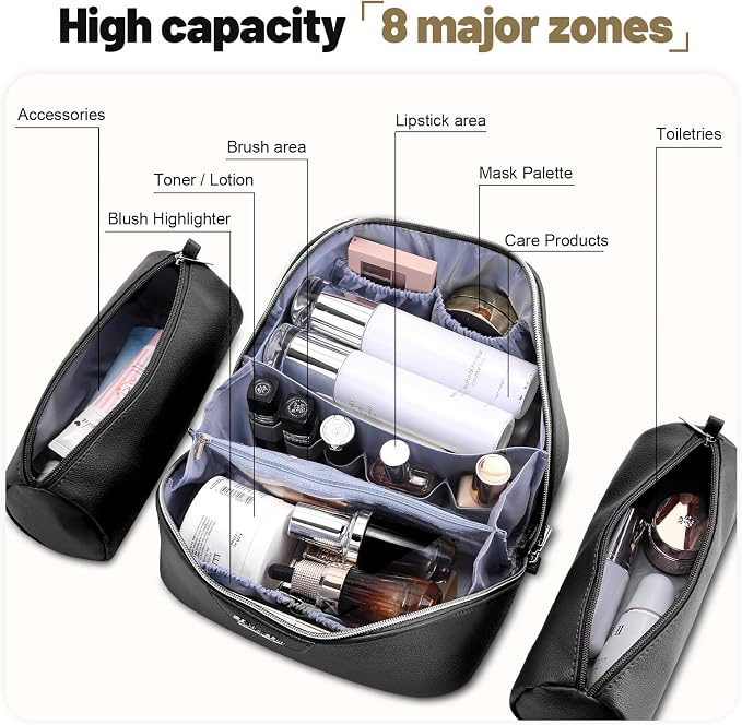 BOYATU Travel Makeup Bag Cosmetic Bags for Women: Large Capacity 3 Pcs Set Make up Bag with Compartments - Waterproof Vegan Leather Toiletry Organizer Bags with Handle (L26Black) - Image 4