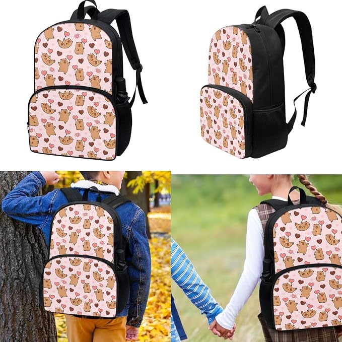 Capybara Heart 3Pcs Backpacks Set for school, Kids Bookbag Students Knapsack with Insulated Lunch Box Pencil Case for Teens Girls Girls - Image 2