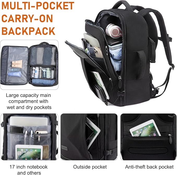LOVEVOOK Carry on Backpack, 45L Travel Backpack for Women Men Airline Approved, Expandable Large Suitcase Backpacks With 4 Packing Cubes, Aer Travel Pack 3, Water Resistant Weekender Bag - Image 2