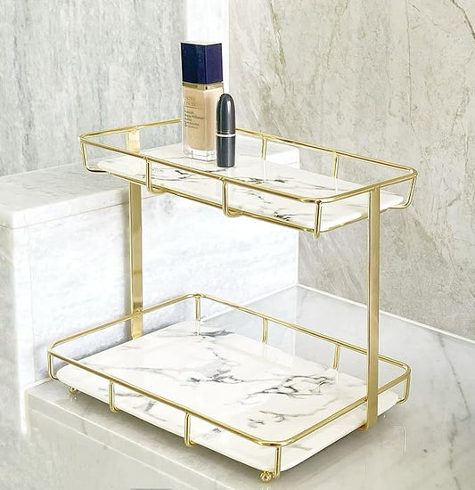 Bathroom Organizer Countertop Perfume Organizer Makeup Organizer Cosmetics Storage Display Rack Vanity Tray Dresser Stainless Steel Gold Shelf White Marble Ceramic Tray by Dobbyby
