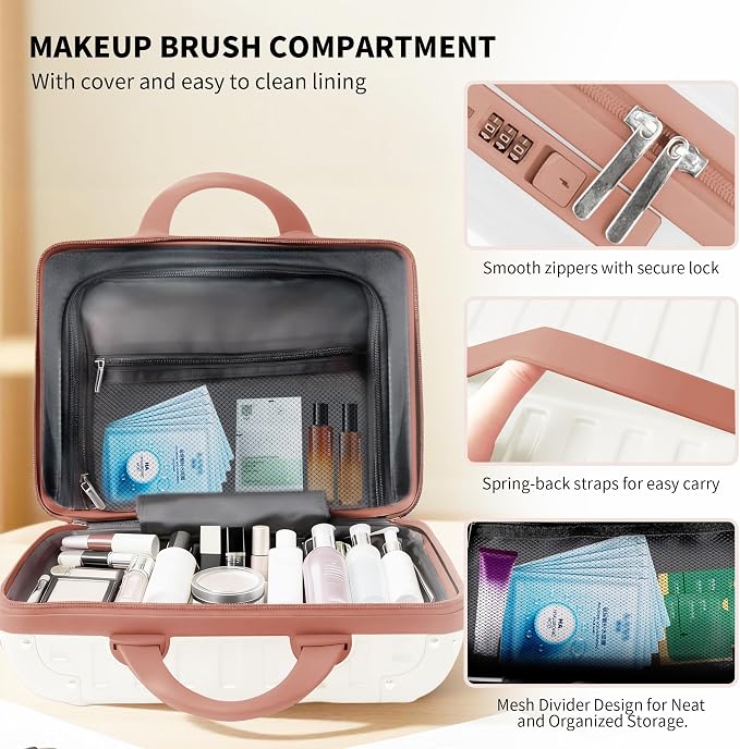 14 Inch Portable Waterproof Hard Shell Travel Makeup Case (Brown) | with Lock, ABS Scratch-Proof, Carrying Cosmetic Organizer Case with Elastic Band, Mini Suitcase Vanity Case for Women Girl - Image 4