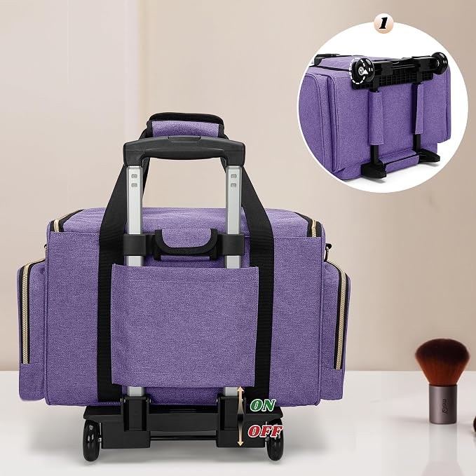 LUXJA Rolling Makeup Case with 3 Removable Makeup Bags and 1 Brush Holder | Large Cosmetic Bag with Detachable Shoulder Strap and Dolly, Professional Train Case with Multiple Storage Pockets, Purple - Image 5