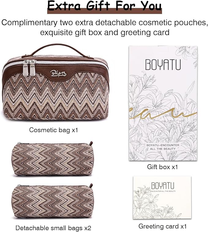 BOYATU Travel Makeup Bag for Women: Western Boho Make up Bag Set of 3 - Large Capacity Vegan Leather Cosmetic Bag - Waterproof Toiletry Bag with Compartments & Handle & Divider(J-2-Brown) - Image 6