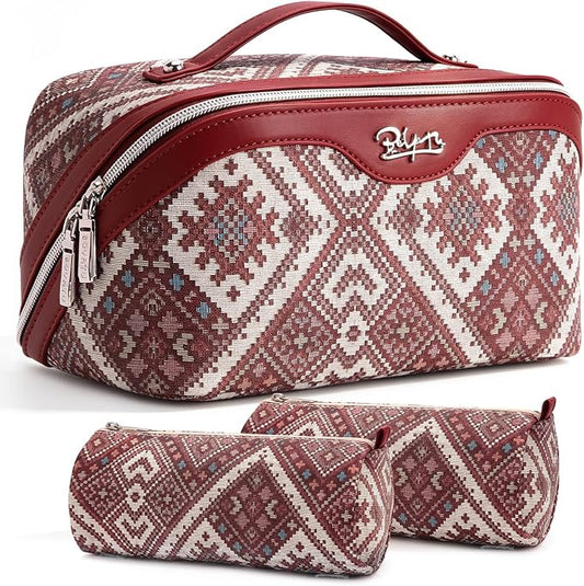 BOYATU Travel Makeup Bag Organizer: Boho Large Capacity Cosmetic Bag Sets | 3Pcs Waterproof Leather Toiletry Bags | 180°Open Flat Make up Case with Compartments | Western Travel Essentials for Women by BOYATU