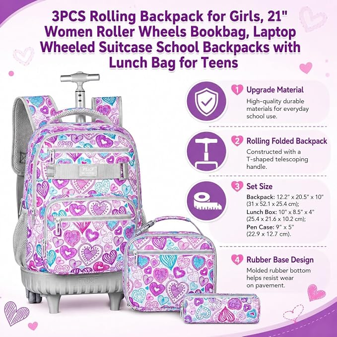 3pcs Rolling Backpack for Girls, 19 Inche Adult Bag with Roller Wheels, Wheeled Bookbag Set for Women - PinkGrey - Image 5