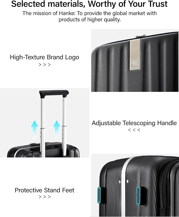 Hanke 20 Inch Carry-On Luggage PC Hard Shell Suitcases for Travel Front Opening Aluminum Frame Travel Luggage Rolling Suitcase with Wheels for Women Man Gifts.(Jet Black) - Image 6