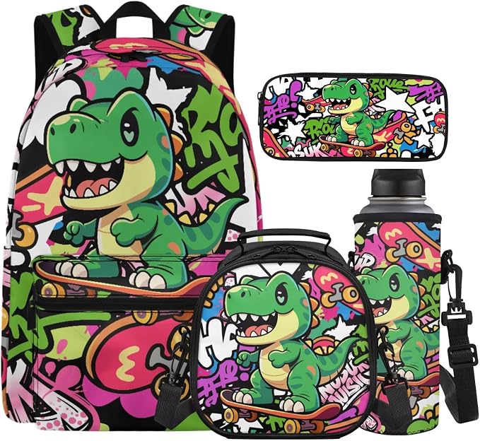 Dinosaur Backpack for Boys 5th Grade Cute Backpack and Lunch Box for Girls Boys 4-in-1 School Bag Set Lightweight 17" Kids Bookbag Ages 8-10 10-12 Teens Daypack Purse by Unknown