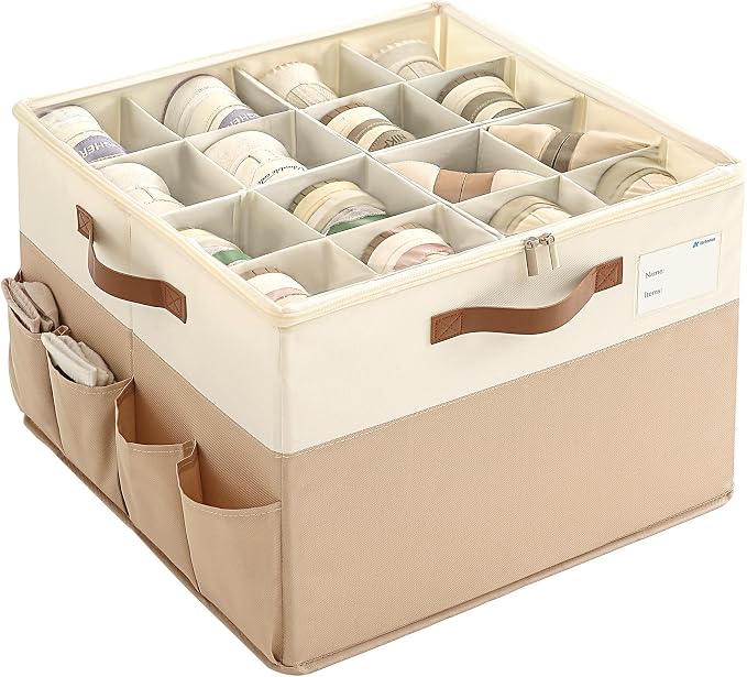 Varhomax Shoe Organizer Box for Closet, Fabric Shoe Storage Bin with Adjustable Dividers & Clear Cover, Holds up 16-32 Pairs of Sneakers & Sandals for Entryway, Cubby by Varhomax