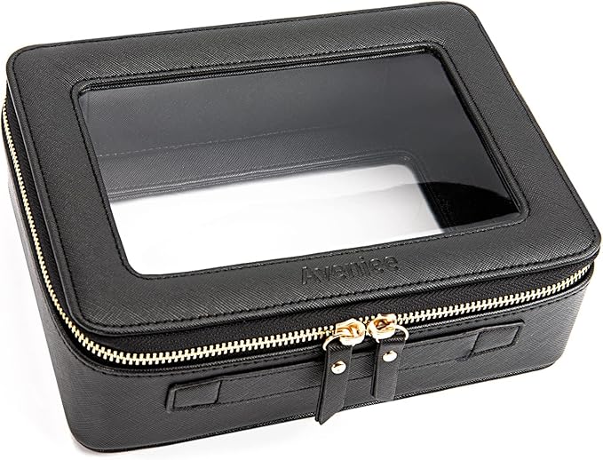 Aveniee Clear Makeup Bag Organizer, Portable Travel Toiletry Cosmetic Bag Case for Women, Heavy Duty Clear Pouch with zipper with Transparent Vinyl Windows & Gold Zippers(Black) by Aveniee