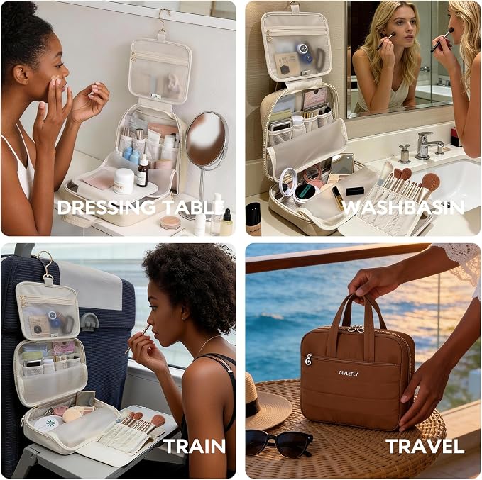GIVLEFLY Luxury Hanging Makeup Bag for Women, Large 4-Layer Foldable Waterproof Cosmetic & Skincare Organizer with Handle, Fits Suitcase & Train Seat for Travel（beige） - Image 8