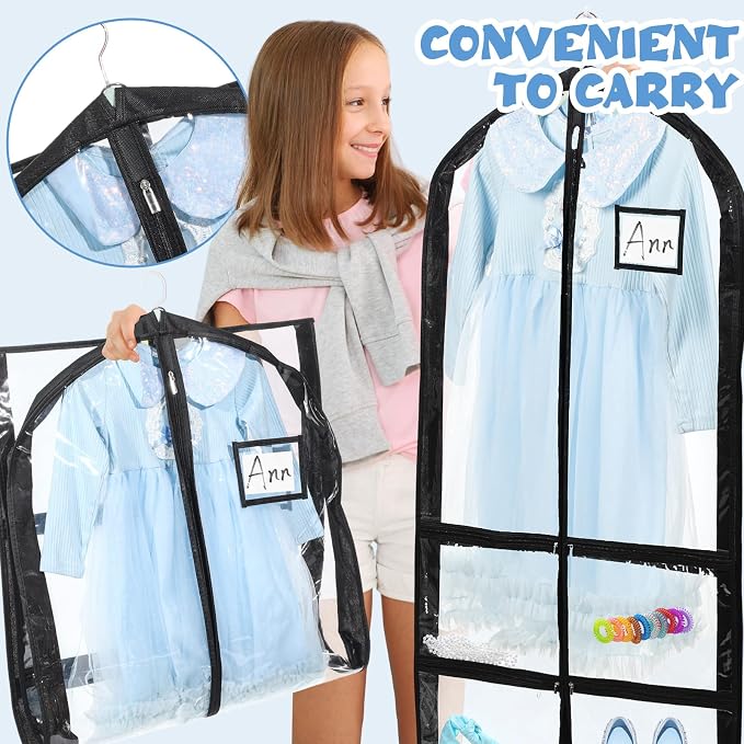 6 Pcs 24'' x 50'' Clear PVC Garment Bag Dance Costume Competition Bag with Rack Zippers Pockets Hanging Garment Covers Costume Organizer Costume Carrier for Adults Kids(Transparent Black) - Image 4
