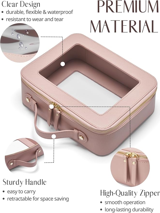 Popvibe Clear Makeup Case Set Pink Toiletry Bag Travel Large Clear Cosmetic Bag with Zipper, Big Make Up Bag Organizer Women Traveling TSA Approved Transparent Bag Car for Essentials - Image 2