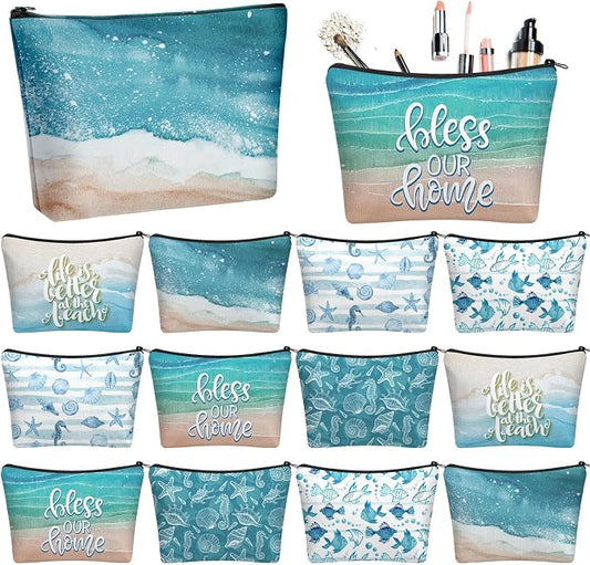 Sweetude 12 Pcs Beach Makeup Bag Bulk Summer Ocean Gifts Portable Travel Cosmetic Bags with Zipper Coastal Sea Starfish Waterproof Roomy Travel Toiletry Organizer Storage Beauty Pouch for Women Gifts by Sweetude