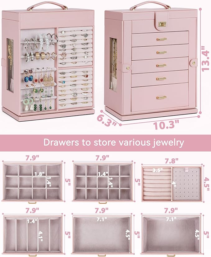AKOZLIN 6-Tier Jewelry Box Organizer Functional 5 Drawers Leather Jewelry Storage Case for Women Girls Ring Necklace Earring Bracelet Holder Organizer with Mirror XL Pink 360° Rotating - Image 3