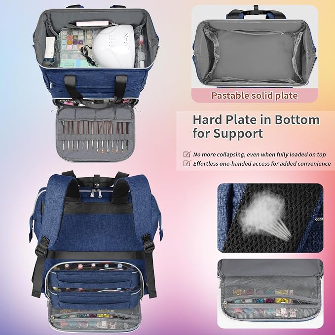 LTINVECK Nail Polish Organizer Case Backpack Holds 70 Bottles (15ml/0.5fl.oz)& Nail Lamp, 2 Layers Detachable Nail Kit Storage Case, Large Travel Nail Supplies Shoulder Bag for Manicure Tools (Blue) - Image 4